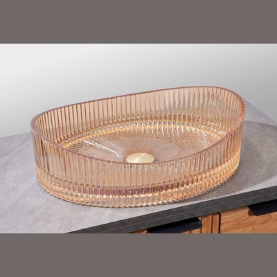 Χρώμα κεχριμπάρι 500*370*140mm Γυάλινη λεκάνη πλυντηρίου χωρίς υπερχείλιση για εξοικονόμηση χώρου λύση